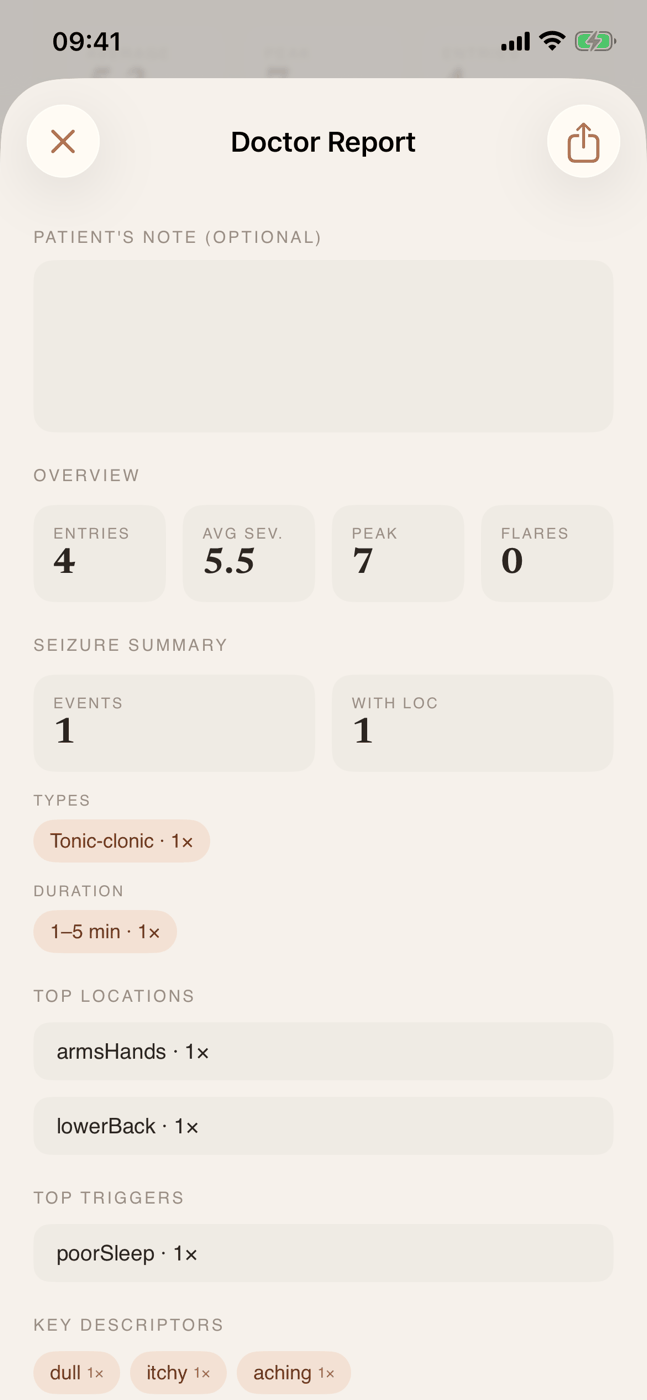 Doctor Report — overview, seizure summary, share as text or PDF