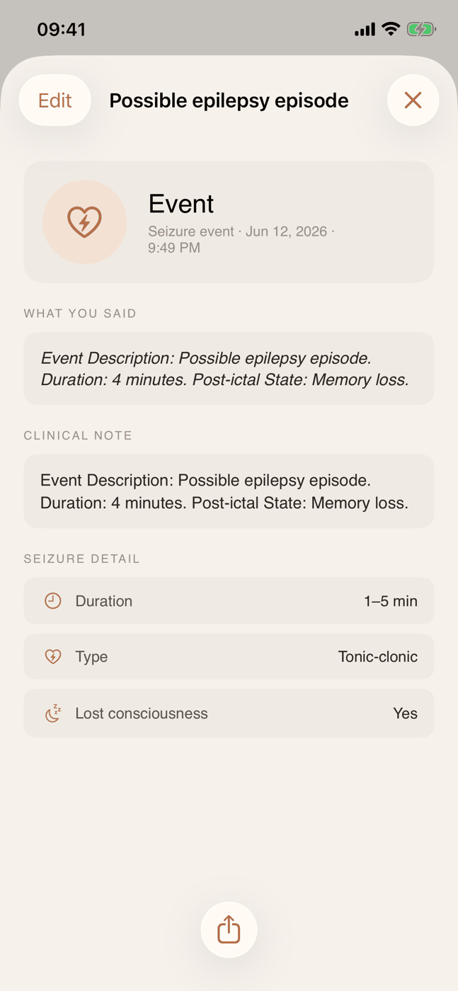 Entry detail — seizure event with structured duration, type and loss of consciousness