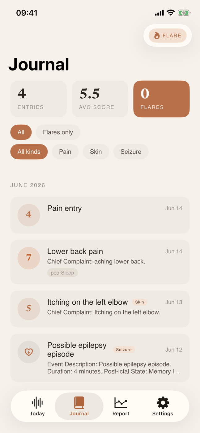 Journal — pain, skin and seizure entries, filter by condition