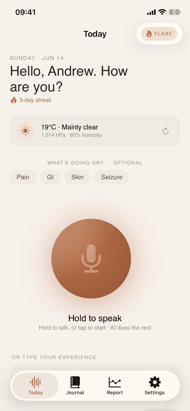 Tactu — Today screen, ready to record